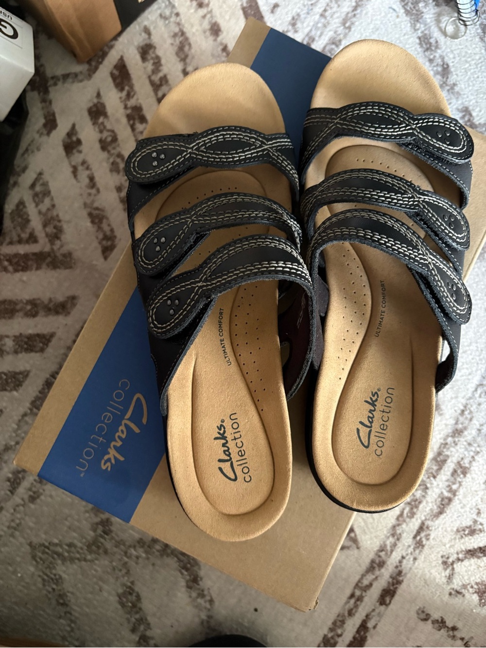 Clarks Black Triple-Strap Comfort Mule Sandals